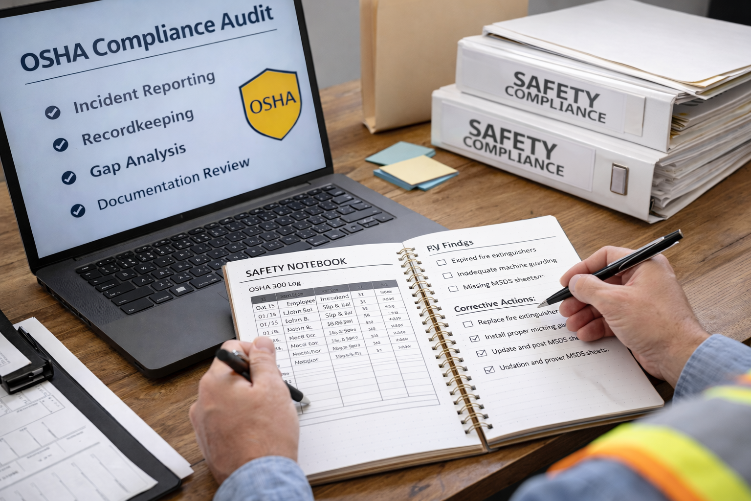 OSHA compliance audit with safety binders and laptop